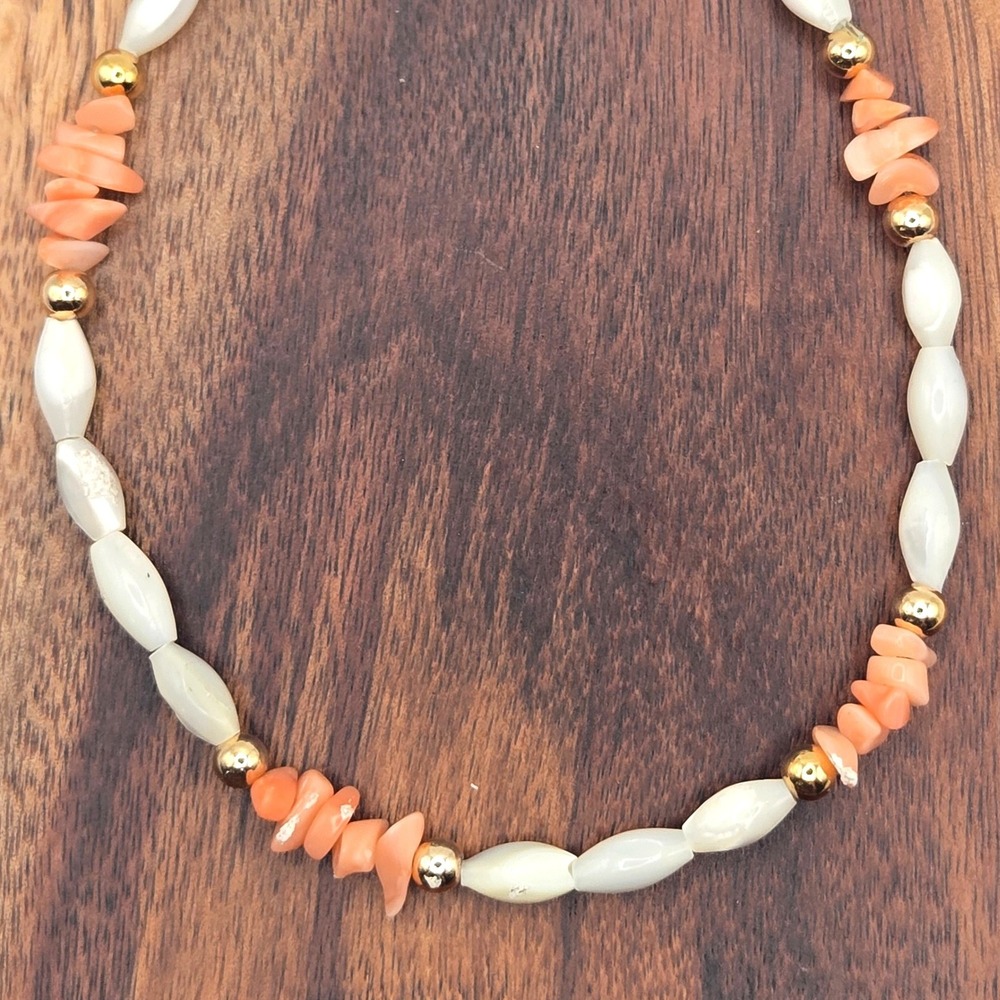 Vintage Salmon Coral Chip and Mother of Pearl Rice Bead Bracelet Gold Tone Clasp